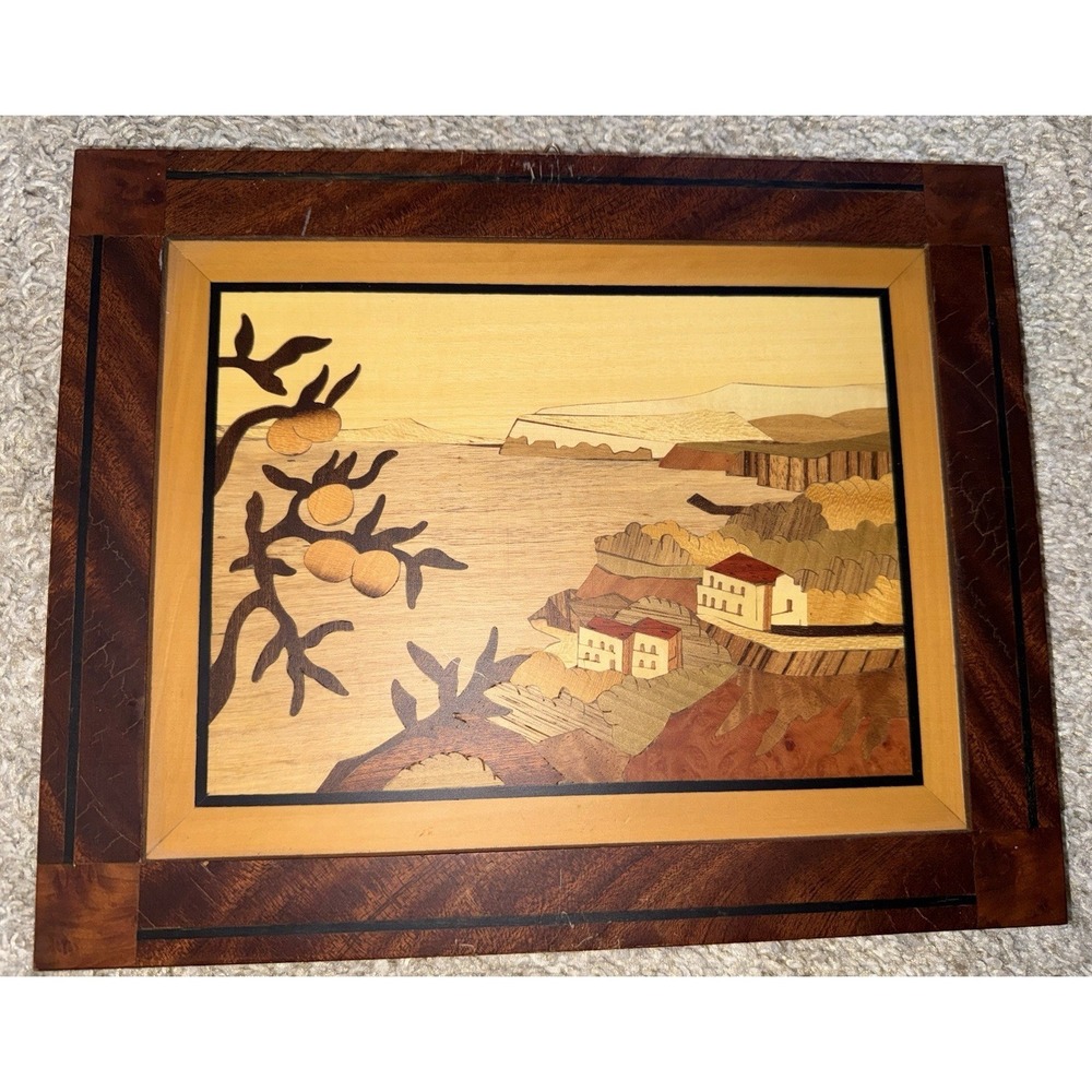 Set Of‎ 2 Vintage Italian Marquetry Inlaid Wood Sorrento Style Coastal Scenes - Picture 6 of 9